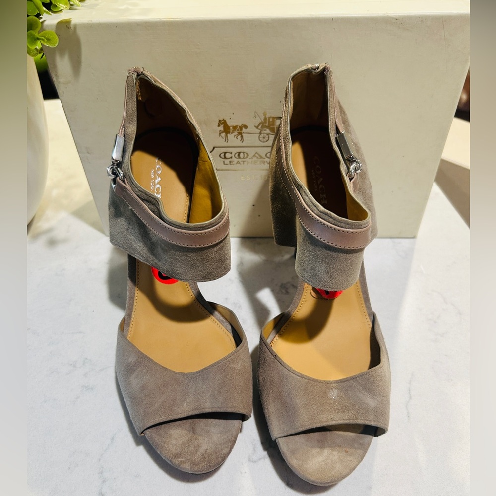 Coach - women’s size 10 suede tan 4 inch  heels with straps and silver hardware